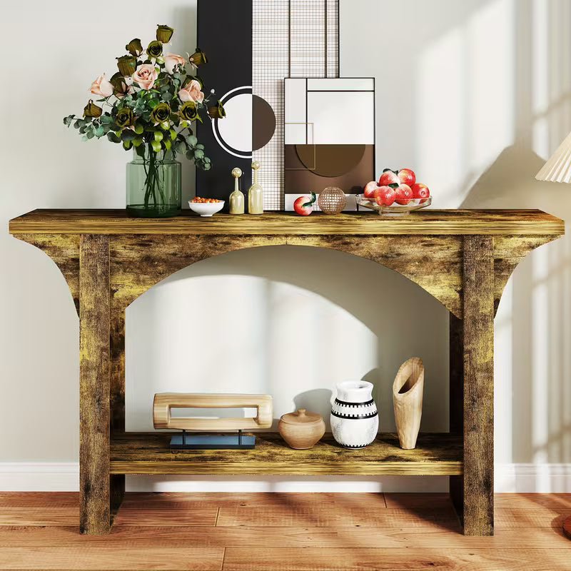 57.5" Solid Hardwood Console Table – Modern Farmhouse Dual‑Level Storage