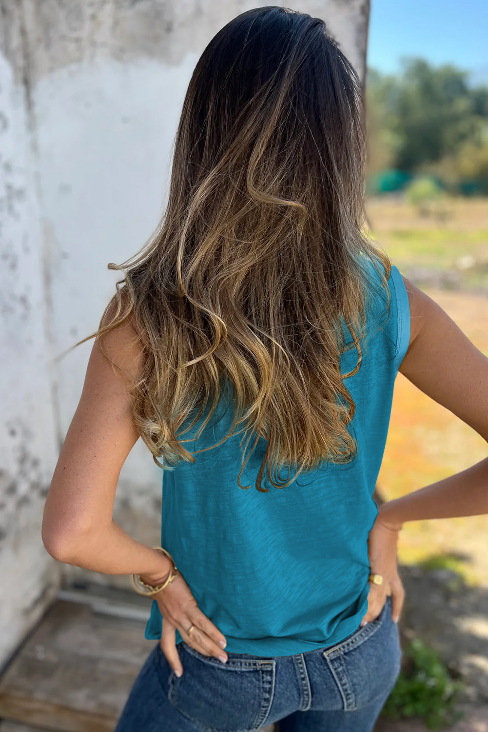 Tan Metallic Sheen Edge Scoop Neck Tank Top