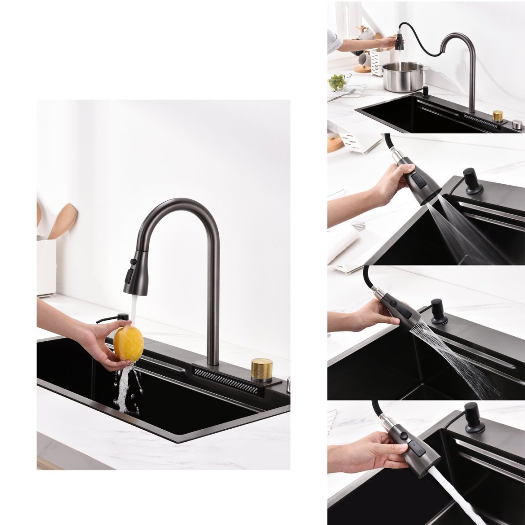 Waterfall Kitchen Sink, Stainless Steel Single Bowl In Black, Multifunctional Workstation With Flying-rain Faucet And Cutting Board, Stainless Steel Single Bowl Sink, LS-SSBL05