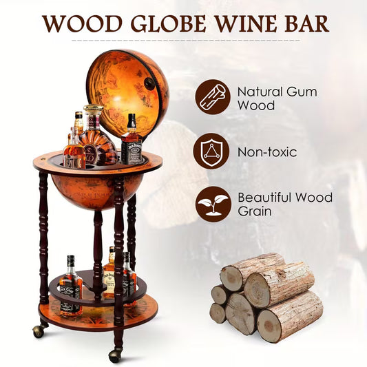 Italian Globe Bar Stand – Rolling Wine Cabinet with World Map, Bottle Storage & Eucalyptus Wood Frame (Walnut)