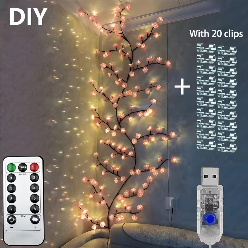 Cherry Blossom LED Branch Lights – Flexible Sakura Vine with 72/96/144 LEDs, USB Powered, 8 Modes