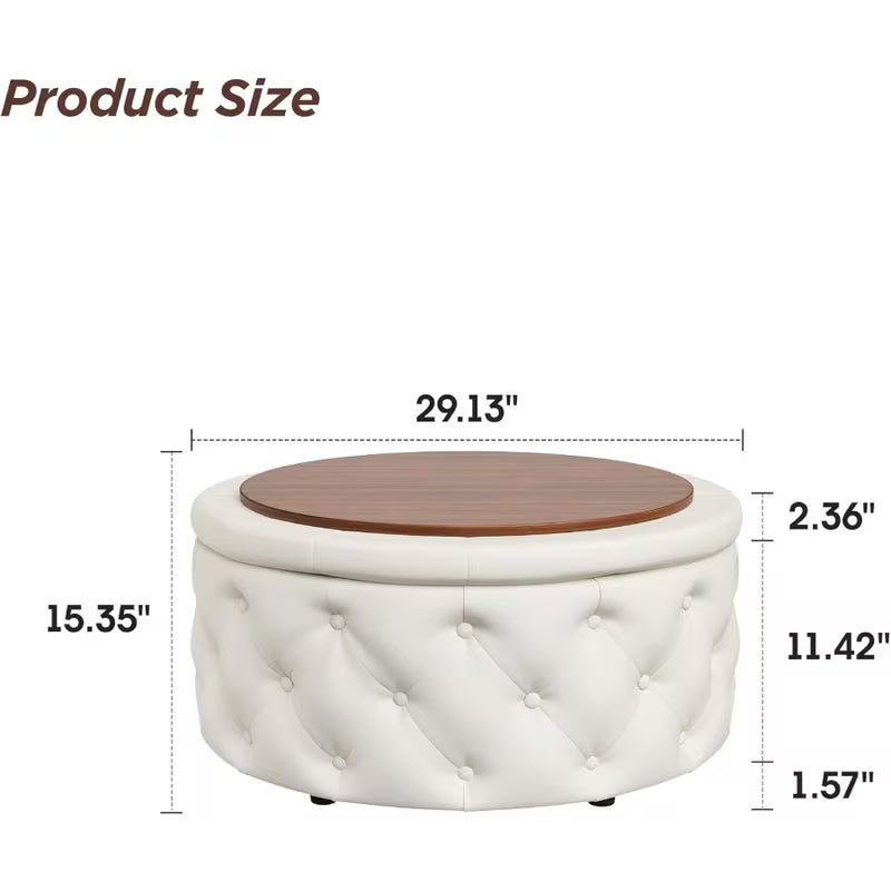 30" Round Storage Ottoman with Removable Lid & Reversible Tray – Button‑Tufted Coffee Table Footrest (Cream White)
