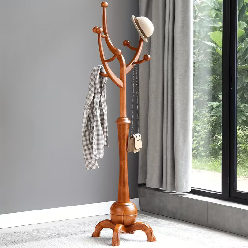 Freestanding Wooden Coat Rack – Tree‑Branch Design with 8 Hooks & Stable Sphere Base (Walnut Brown)
