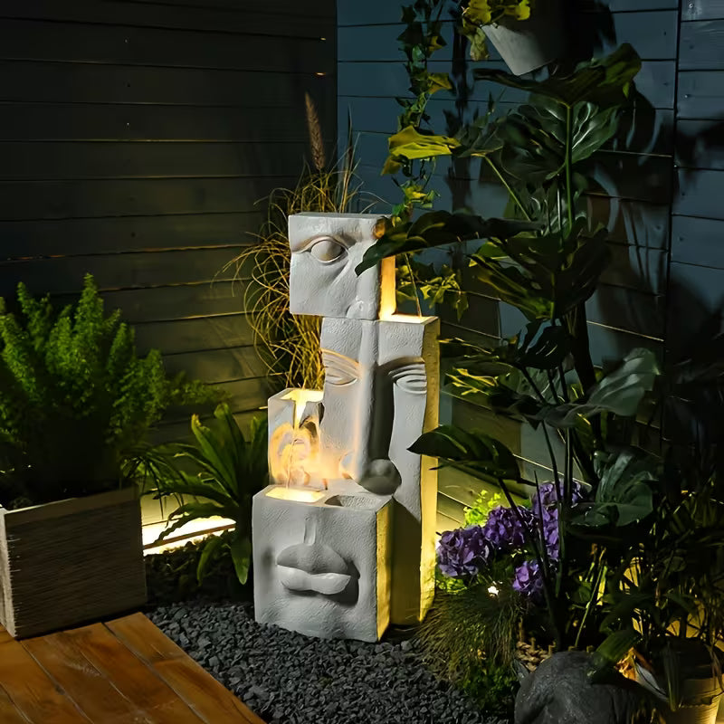 4‑Tier Modern Face Waterfall Fountain with LED Lights – 35" Indoor/Outdoor Sculpture