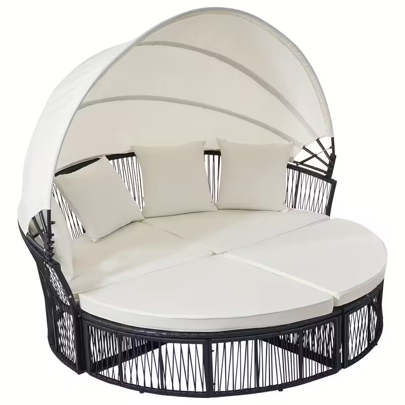Round Outdoor Daybed with Retractable Canopy – Wicker Rattan Sectional Sofa Set with Cushions (White/Blue)