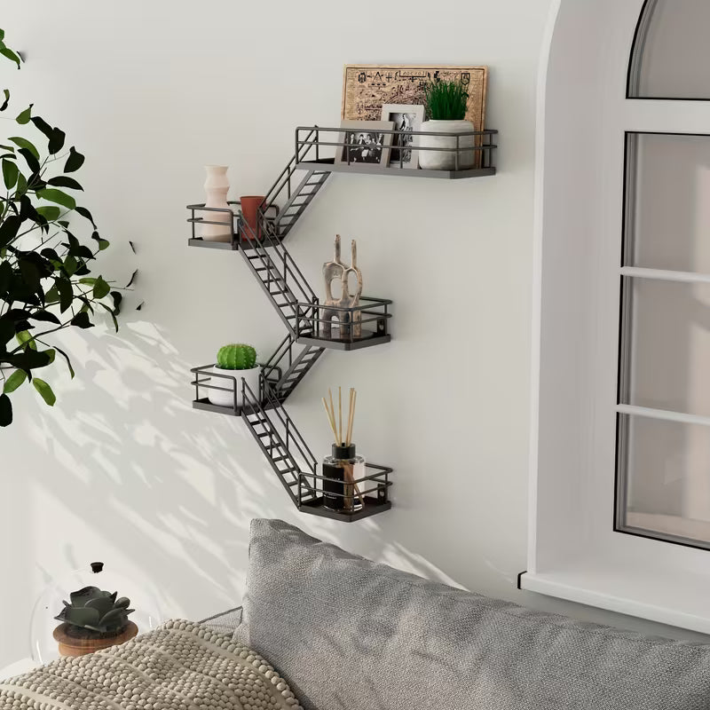 5‑Layer Metal Escape Wall Rack – Floating Fire‑Escape Style Display Shelf with Basket (Black / White)