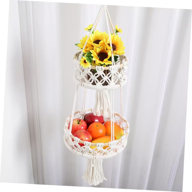Macrame Hanging Fruit Basket – 1/2/3‑Tier Boho Wall Storage for Fruits, Vegetables & Indoor Plants (Natural Cotton)