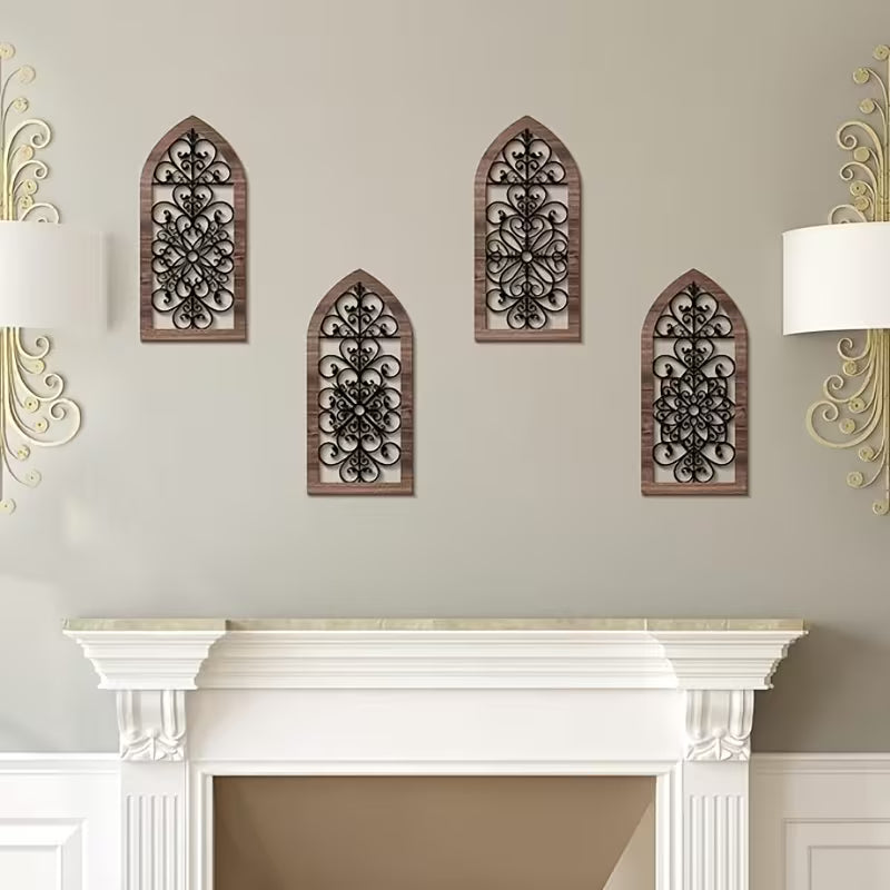 4‑Piece Rustic Wooden Wall Art Set – Hollow‑Carved Modern Farmhouse Decor (Elegant Style)