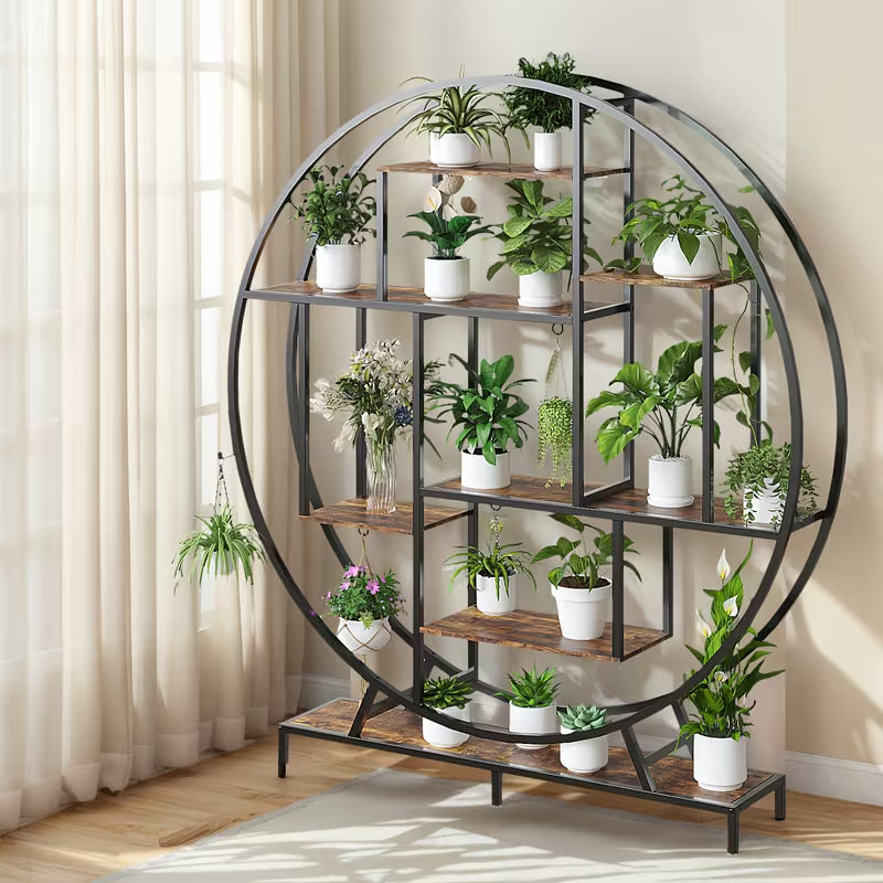 63" Indoor Plant Stand with 5 LED Light Strips – Full‑Moon Round Metal Tiered Shelf for Plant Growing (Black)