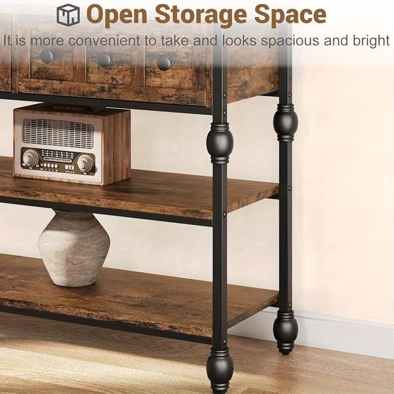 Industrial 3‑Tier Console Table with Drawers – Metal Frame, Open Storage & Rustic Finish