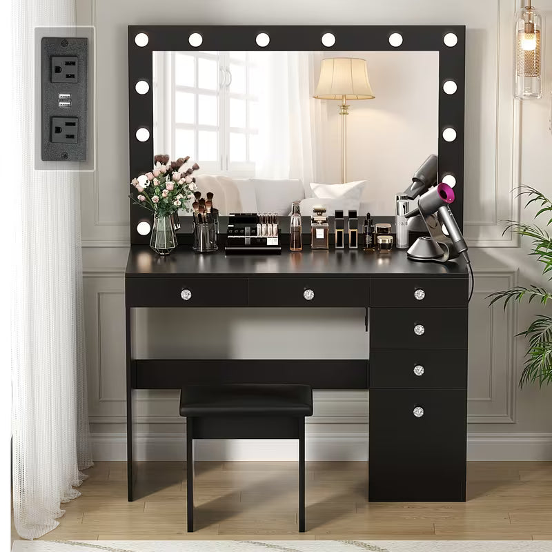 42" Makeup Vanity Table Set with Lighted Mirror, Built‑In Outlet, 5 Drawers, Cabinet & Stool (Black / White / Pink)