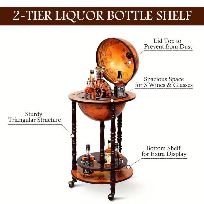 Italian Globe Bar Stand – Rolling Wine Cabinet with World Map, Bottle Storage & Eucalyptus Wood Frame (Walnut)