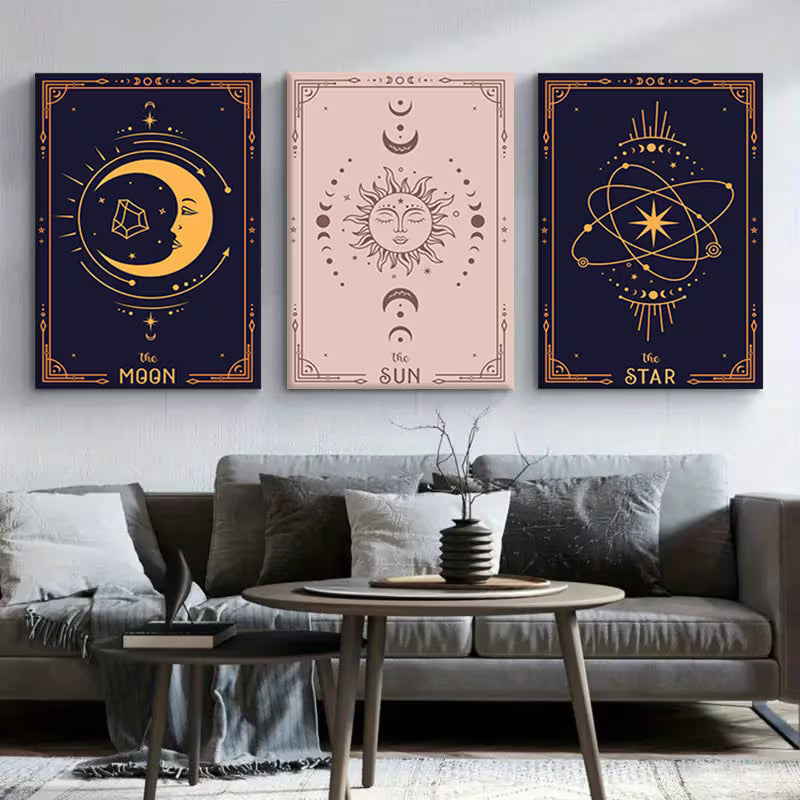 3‑Piece Celestial Moon Sun Star Canvas Wall Art Set – Framed Waterproof Prints (Wrapped Canvas)