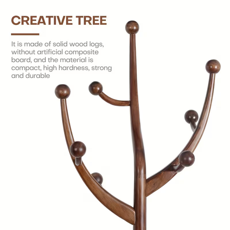Freestanding Wooden Coat Rack – Tree‑Branch Design with 8 Hooks & Stable Sphere Base (Walnut Brown)