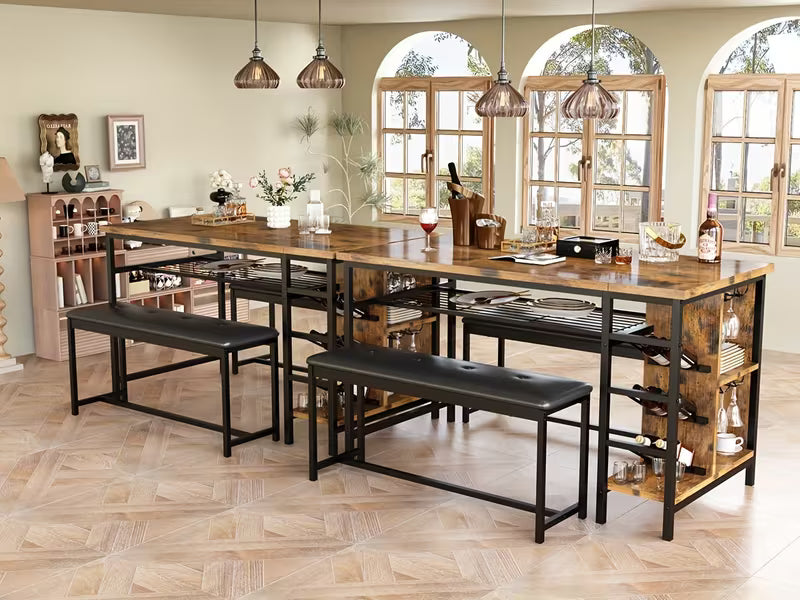 53" Space‑Saving 3‑Piece Dining Table Set with Wine Rack, Glass Holder & Storage – Table + 2 Benches (Brown)