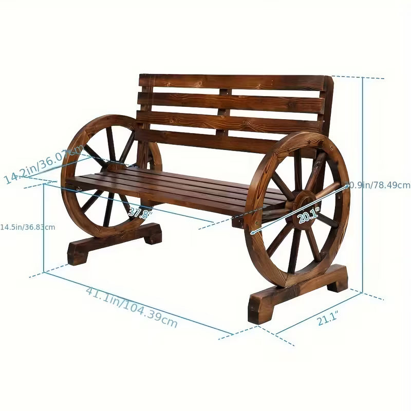 41.5" Fir‑Carbonized Wooden Garden Bench with Decorative Wooden Wheels – Outdoor Porch & Yard Seating (Brown)