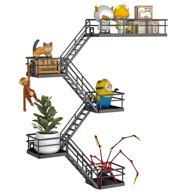 5‑Layer Metal Escape Wall Rack – Floating Fire‑Escape Style Display Shelf with Basket (Black / White)