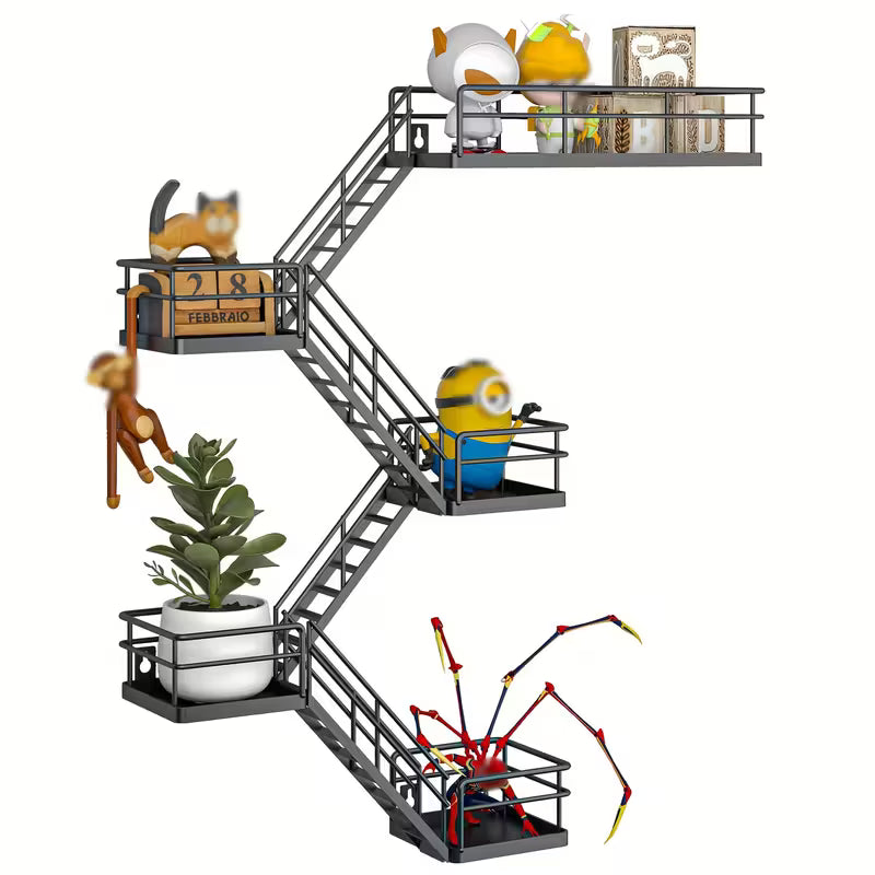 5‑Layer Metal Escape Wall Rack – Floating Fire‑Escape Style Display Shelf with Basket (Black / White)