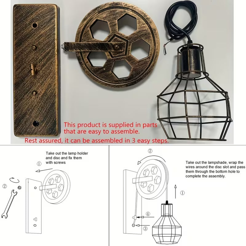 Plug‑In Industrial Wall Lamp Set (2‑Pack) – Retro Farmhouse Cage Sconces with Pulley Bracket & Switch (E26, Bulbs Not Included)