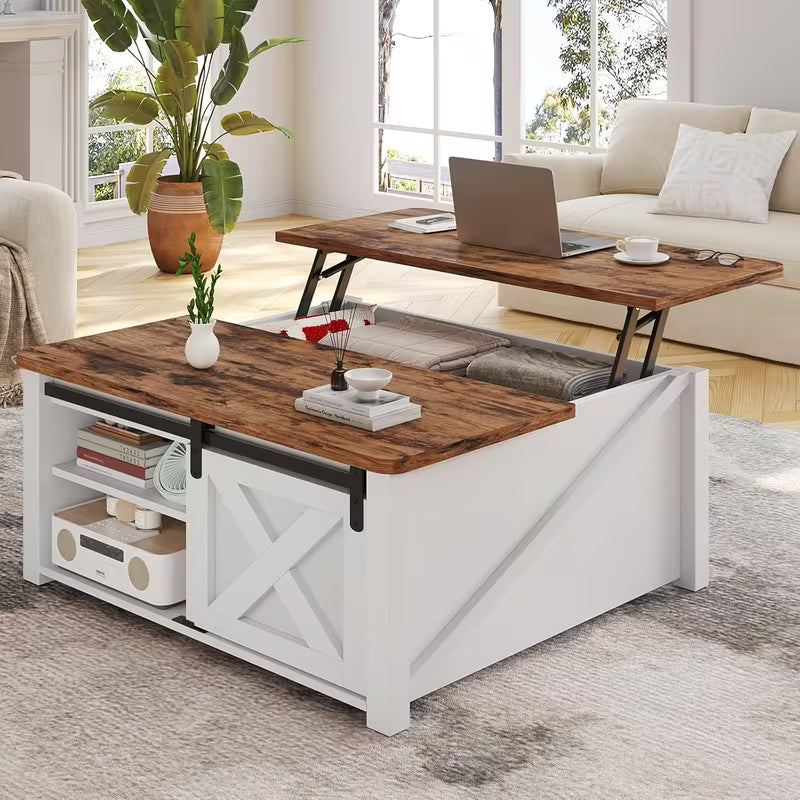 Farmhouse Lift‑Top Coffee Table with Hidden Storage  Square Living Room Table