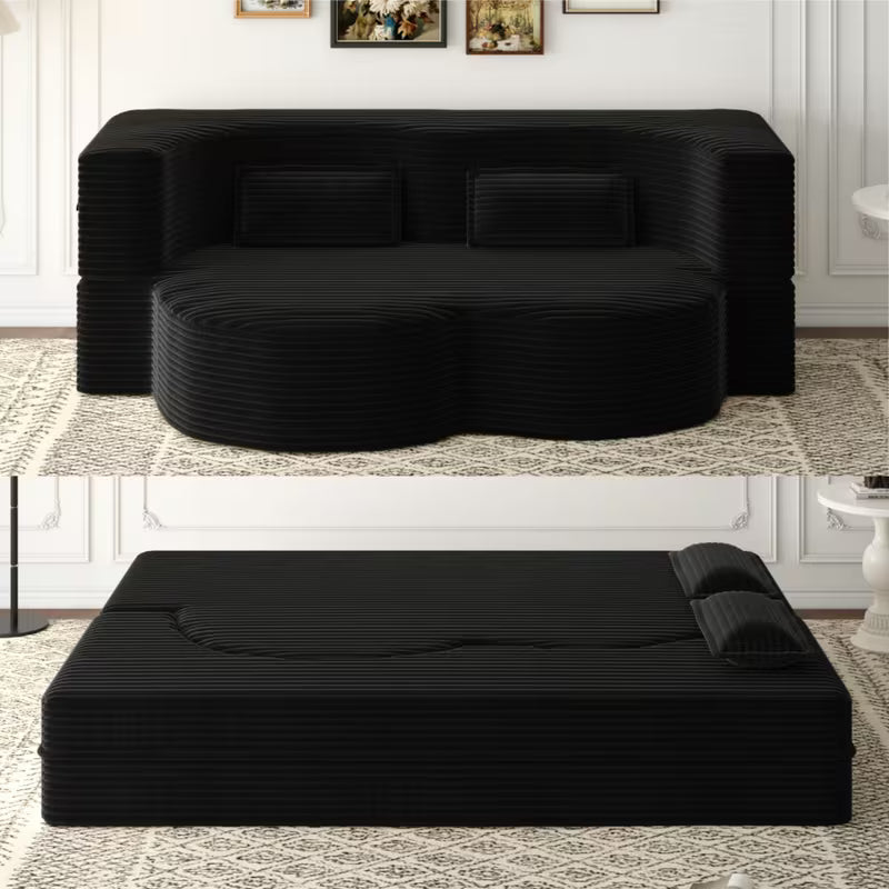 Convertible Corduroy Sofa Bed with 2 Pillows – 15" Full‑Size Folding Mattress, No Assembly Required