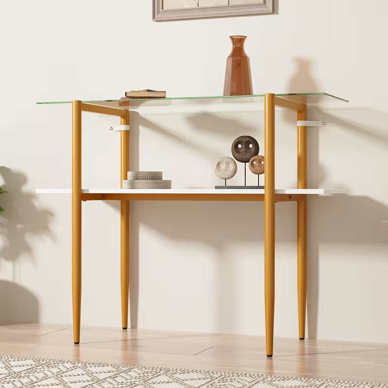 Mid‑Century Modern Glass Sofa Table – 2‑Tier Entryway & Behind‑Couch Table with Golden Metal Legs (White / Brown)