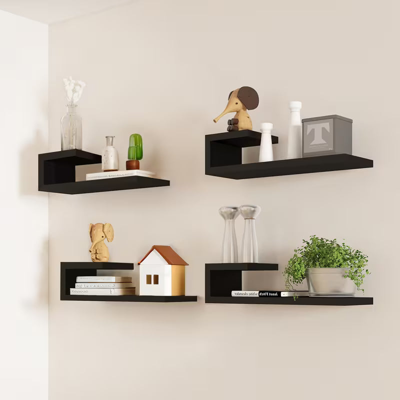 4‑Piece Modern Floating Shelf Set – 15.75" Wall‑Mounted Shelves for Home Storage & Décor (Black / White)