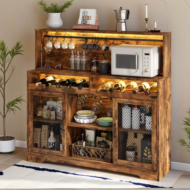 Modern LED‑Lit Storage Buffet with Wine Cabinet, Mesh Door & Glass Bar – Coffee Station Sideboard (Brown/Black)