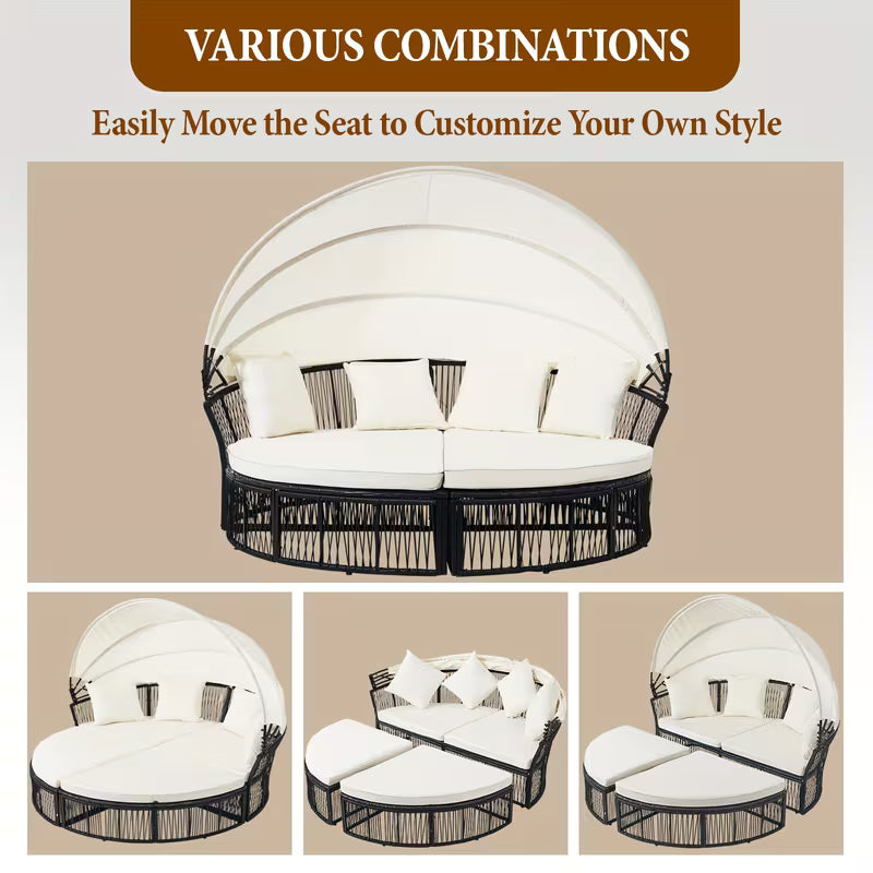 Round Outdoor Daybed with Retractable Canopy – Wicker Rattan Sectional Sofa Set with Cushions (White/Blue)