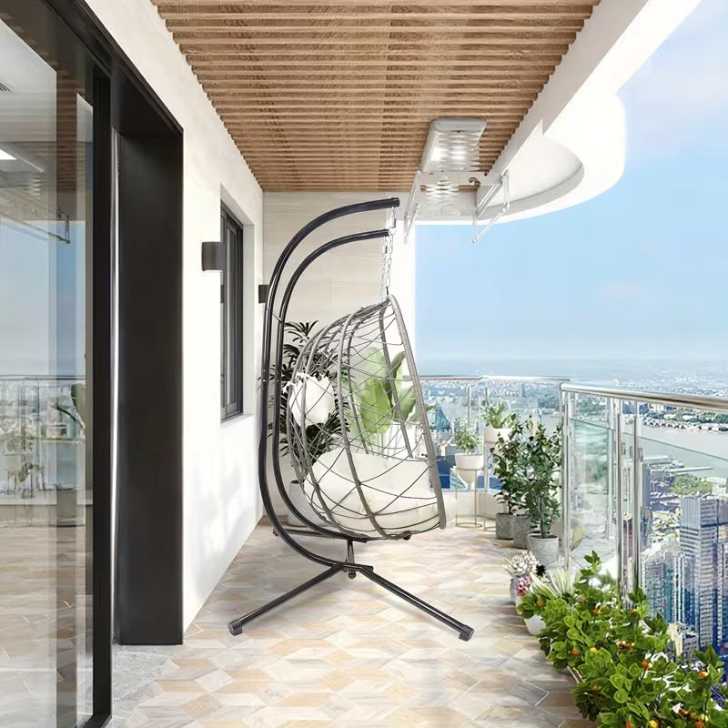 2‑Person Egg/Hammock Swing Chair with Stand – Heavy‑Duty Outdoor Hanging Chair, Deep Cushions, 650‑lb Capacity (Gray)