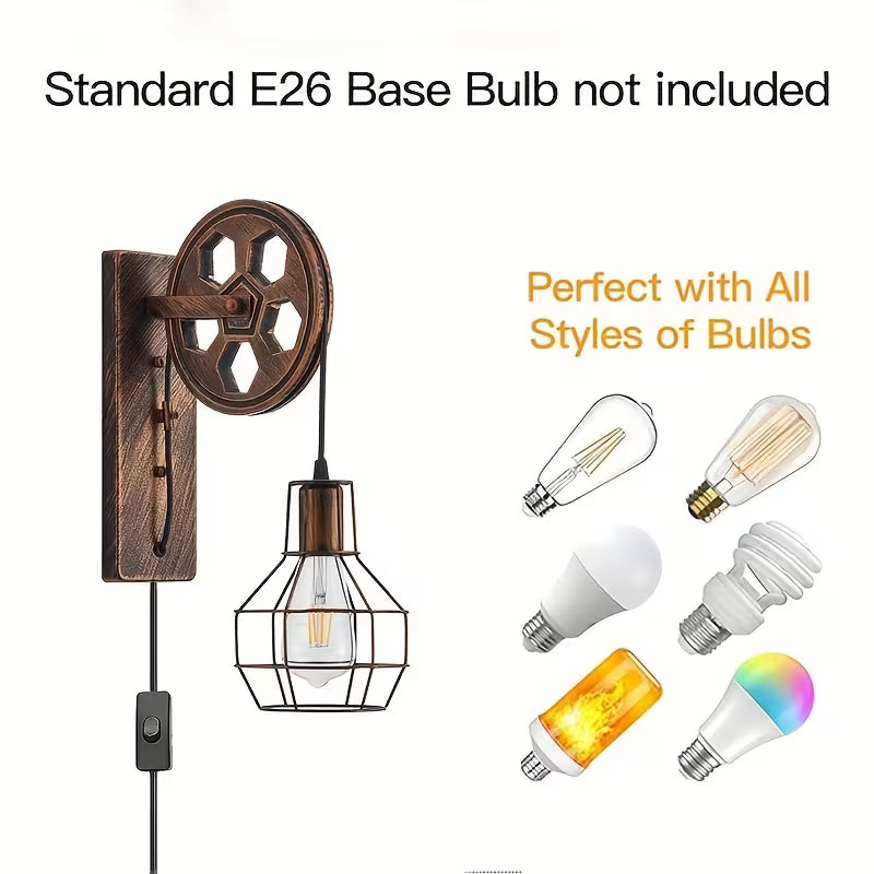 Plug‑In Industrial Wall Lamp Set (2‑Pack) – Retro Farmhouse Cage Sconces with Pulley Bracket & Switch (E26, Bulbs Not Included)