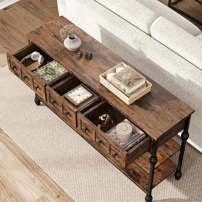 Industrial 3‑Tier Console Table with Drawers – Metal Frame, Open Storage & Rustic Finish