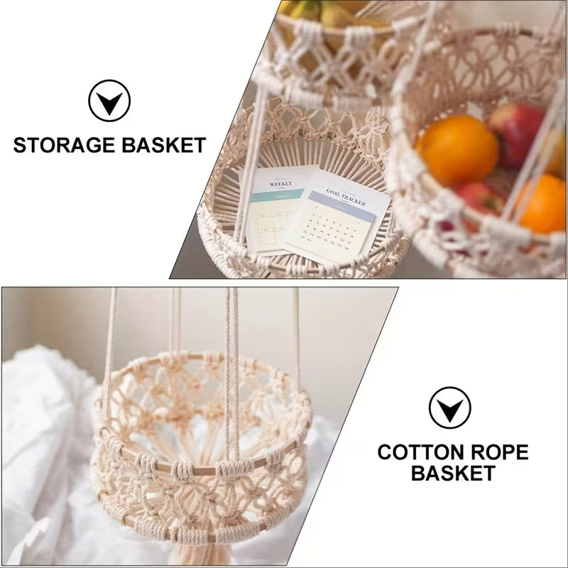 Macrame Hanging Fruit Basket – 1/2/3‑Tier Boho Wall Storage for Fruits, Vegetables & Indoor Plants (Natural Cotton)