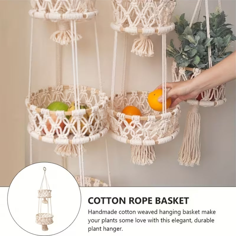 Macrame Hanging Fruit Basket – 1/2/3‑Tier Boho Wall Storage for Fruits, Vegetables & Indoor Plants (Natural Cotton)