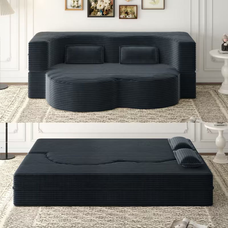 Convertible Corduroy Sofa Bed with 2 Pillows – 15" Full‑Size Folding Mattress, No Assembly Required
