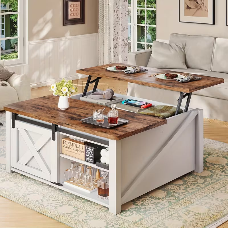 Farmhouse Lift‑Top Coffee Table with Hidden Storage  Square Living Room Table