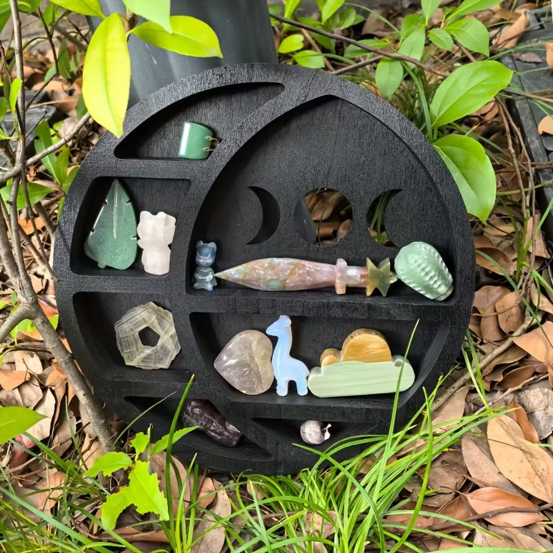 Crystal Wooden Moon Shelf – Crescent & Round Display Shelf for Crystals, Décor & Small Collectibles (Round & Moon Set)