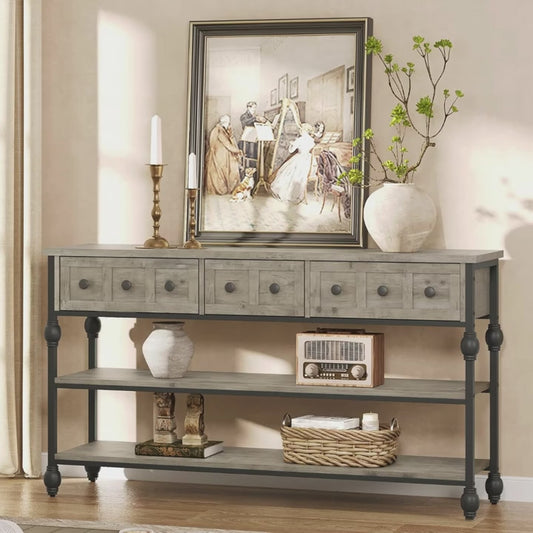 Industrial 3‑Tier Console Table with Drawers – Metal Frame, Open Storage & Rustic Finish